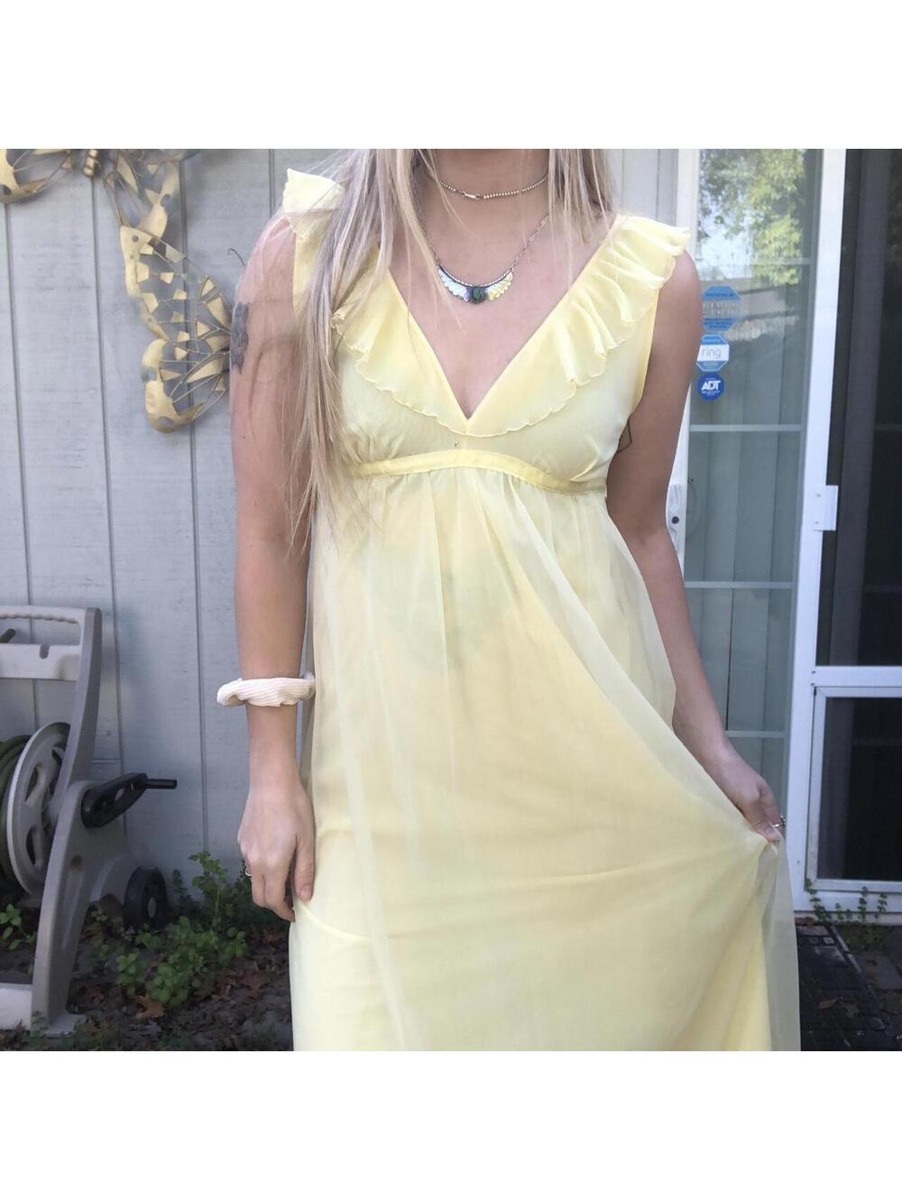 VTG 60s Butter Yellow Chiffon Nightgown Sheer Slip Dress Romantic Cottagecore M
